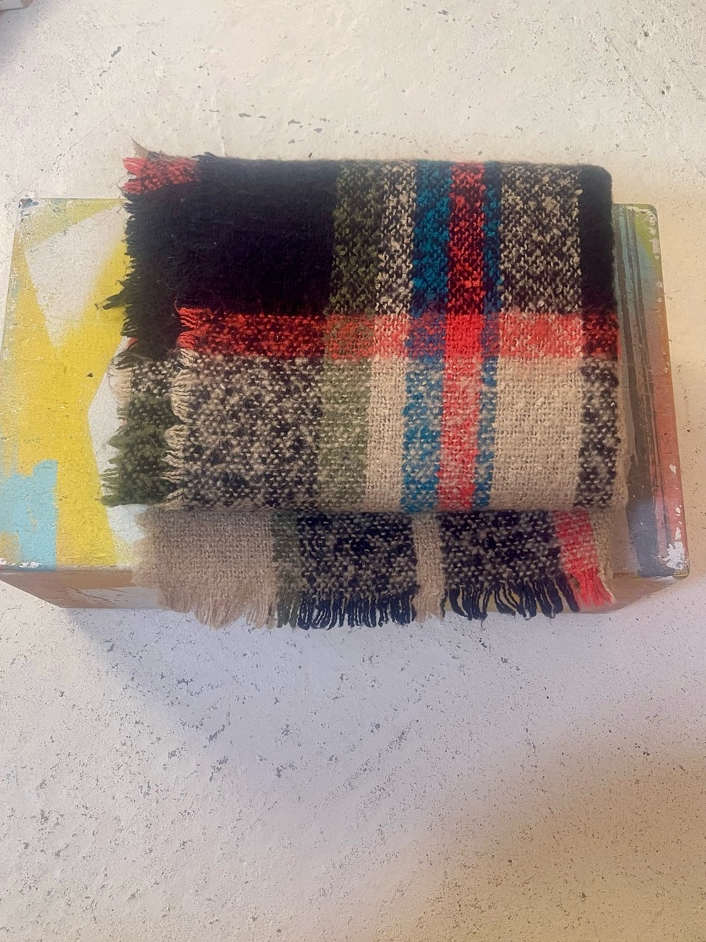 Vintage Plaid Wool Blend Throw Blanket Fringe 6'5" No Tag